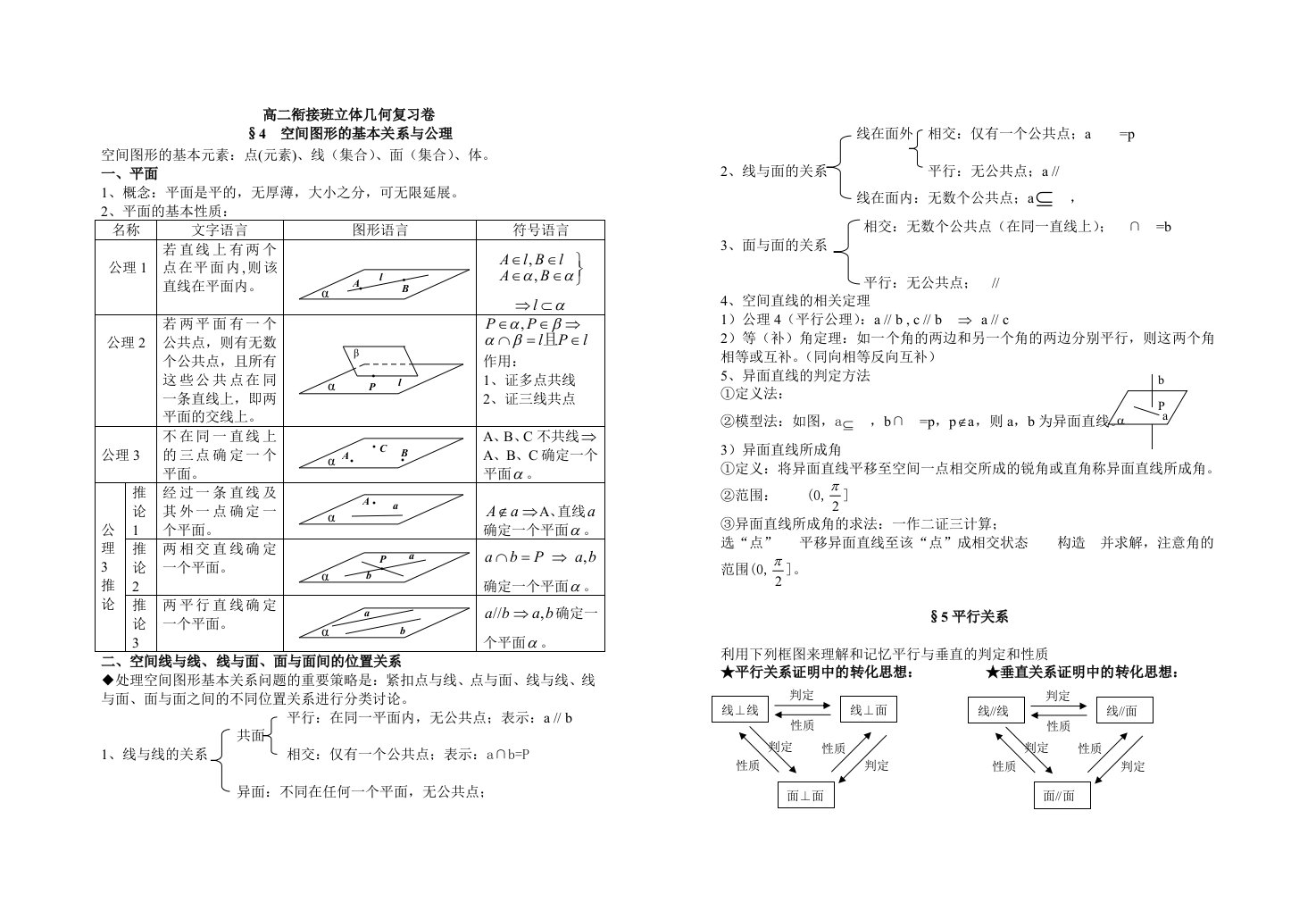 高二衔接班(文科)立体几何复习卷(学生定稿)