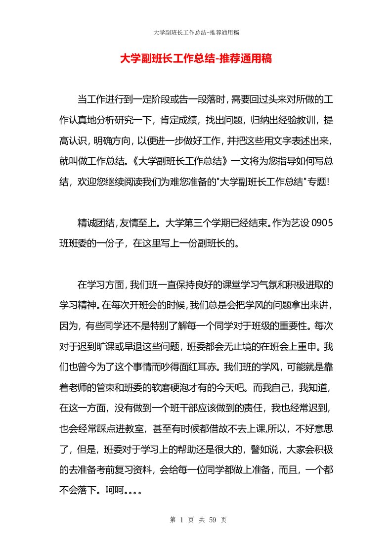 大学副班长工作总结