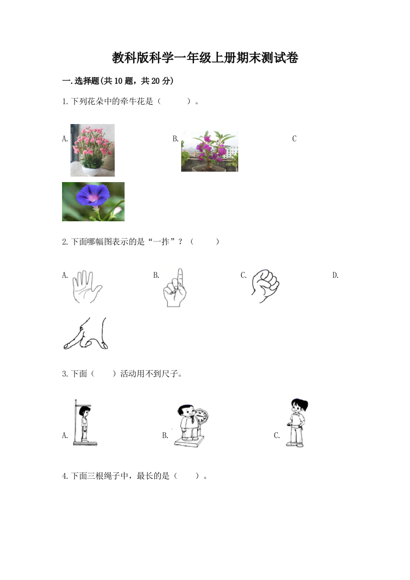 教科版科学一年级上册期末测试卷及答案一套