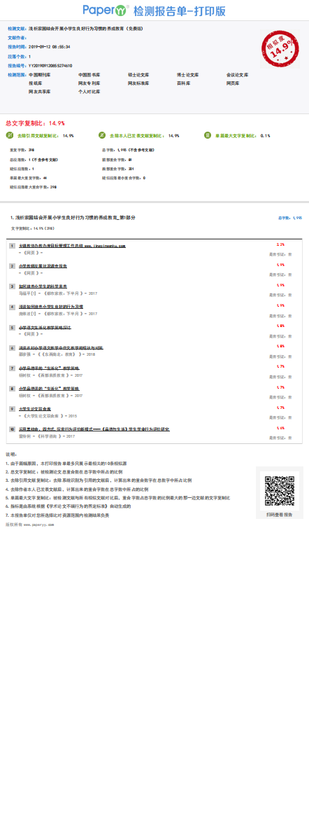 浅析家园结合开展小学生良好行为习惯的养成教育-PaperYY论文检测报告-免费版-20190912