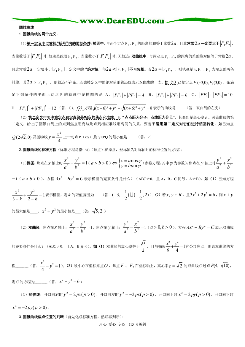 高三数学圆锥曲线习题精选精讲