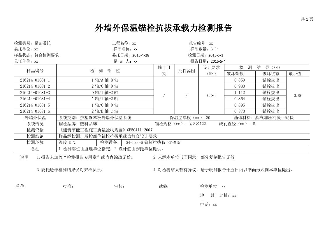 塑料锚栓-复试拉拔试验检测报告