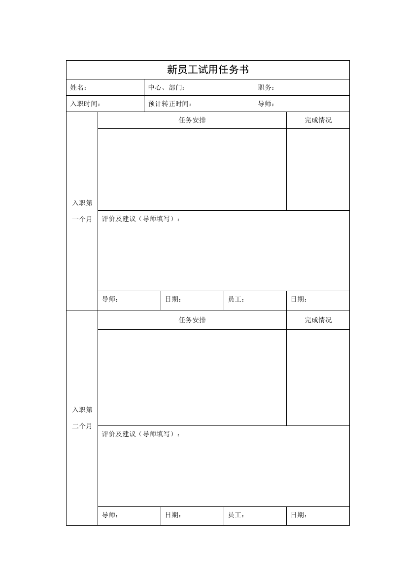 公司新员工试用任务书模版