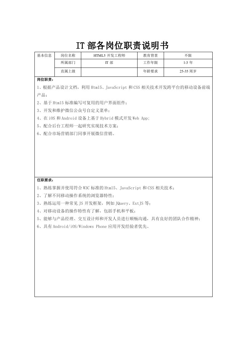 企业管理-IT部岗位说明书资料