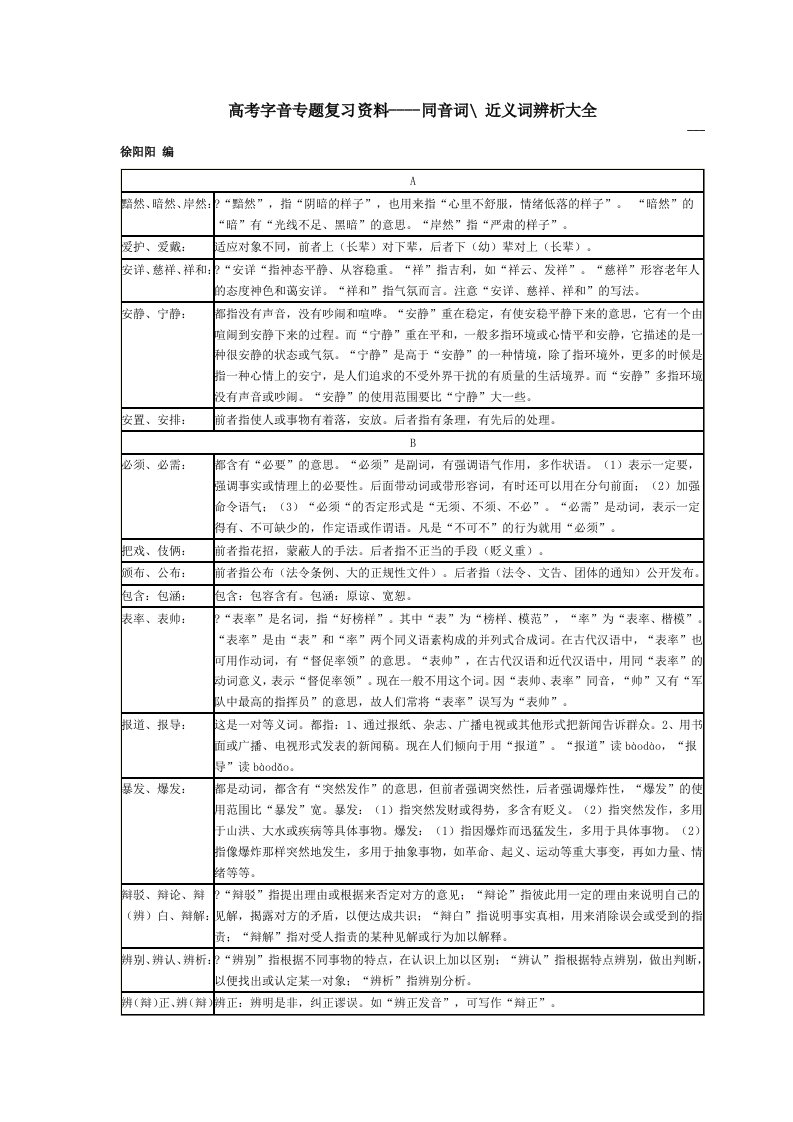 高考字音专题复习资料同音词近义词辨析大全