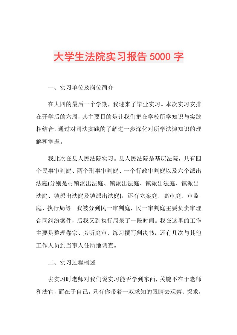 大学生法院实习报告5000字