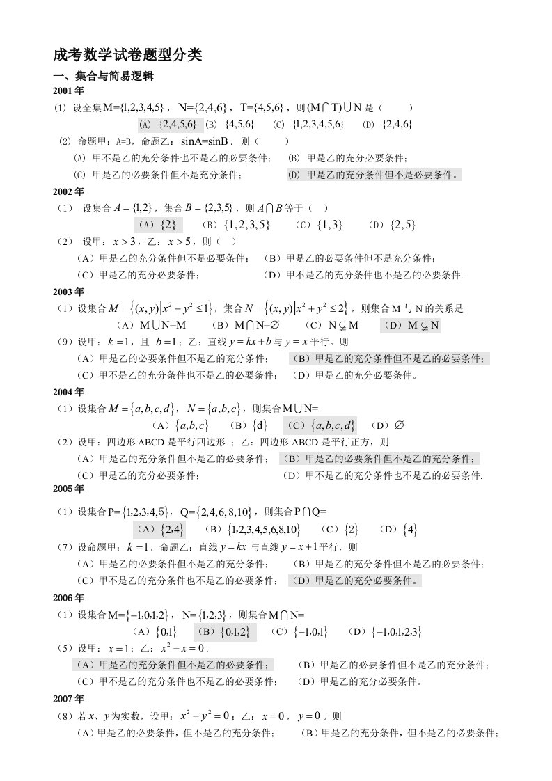 成人高考数学试题(历年成考数学试题答案与解答提示)