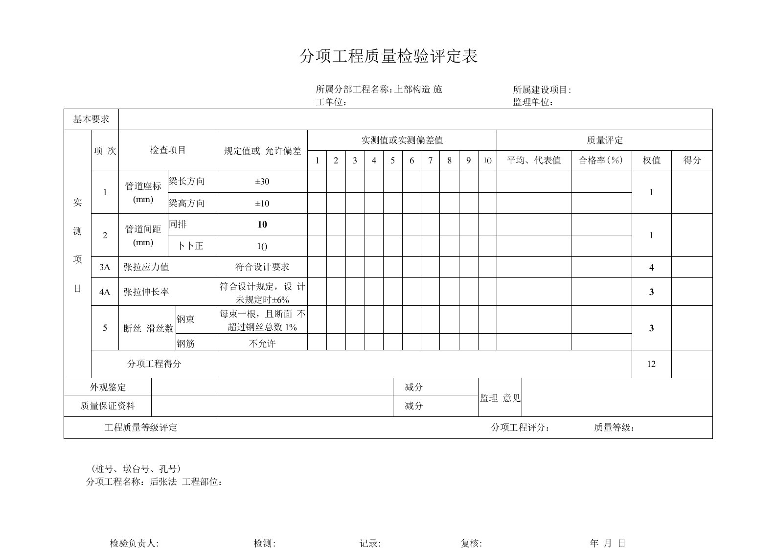 分项工程质量检验评定表-后张法