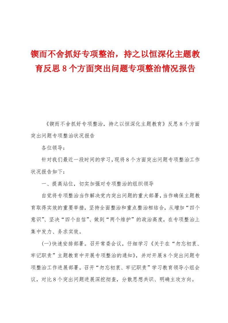 锲而不舍抓好专项整治持之以恒深化主题教育反思8个方面突出问题专项整治情况报告