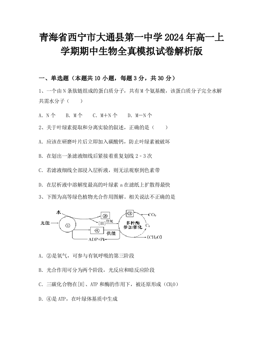 青海省西宁市大通县第一中学2024年高一上学期期中生物全真模拟试卷解析版