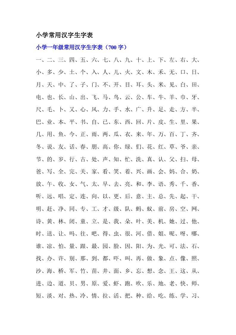 小学一年级常用汉字生字表