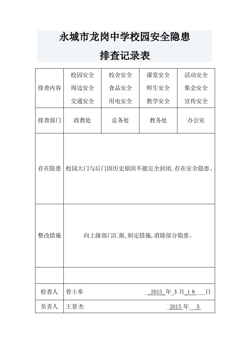 校园安全隐患排查记录表