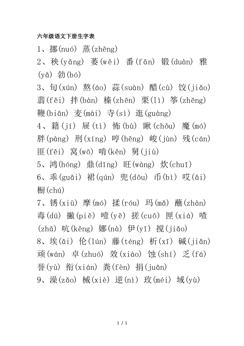 六年级语文下册生字表