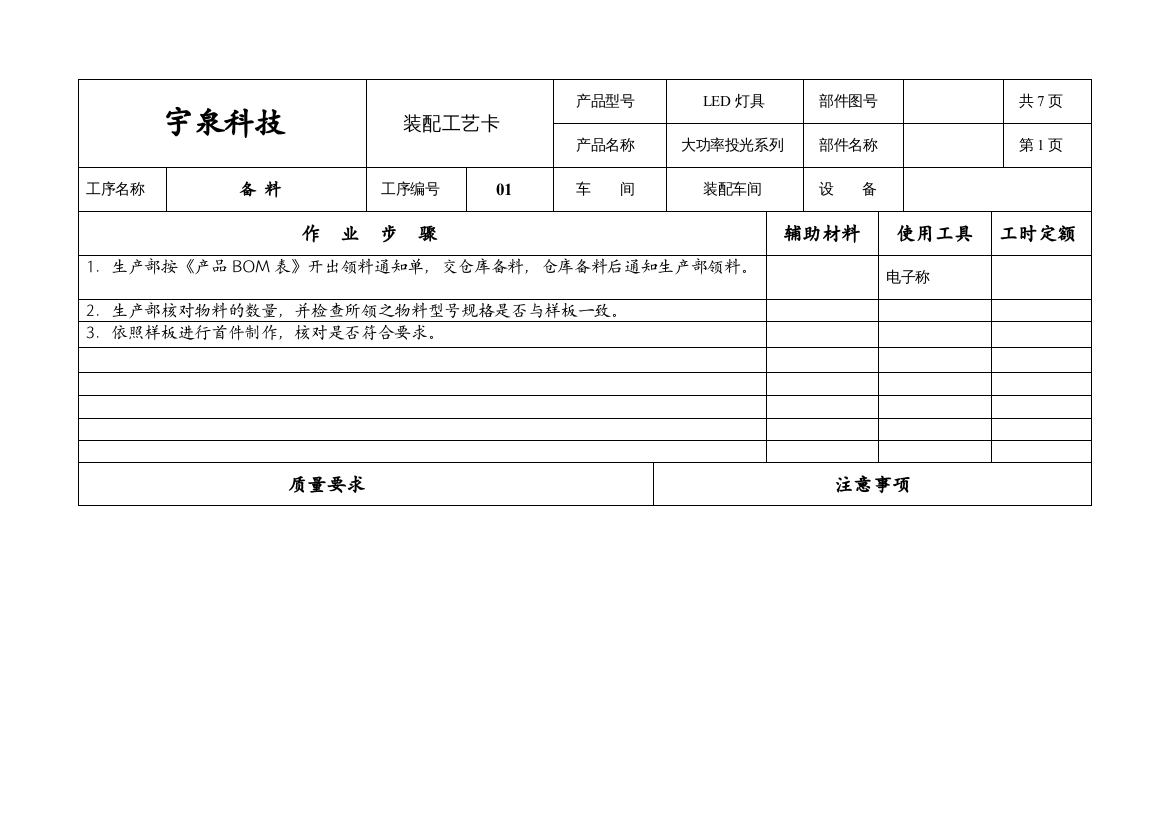 大功率投光灯装配工艺卡