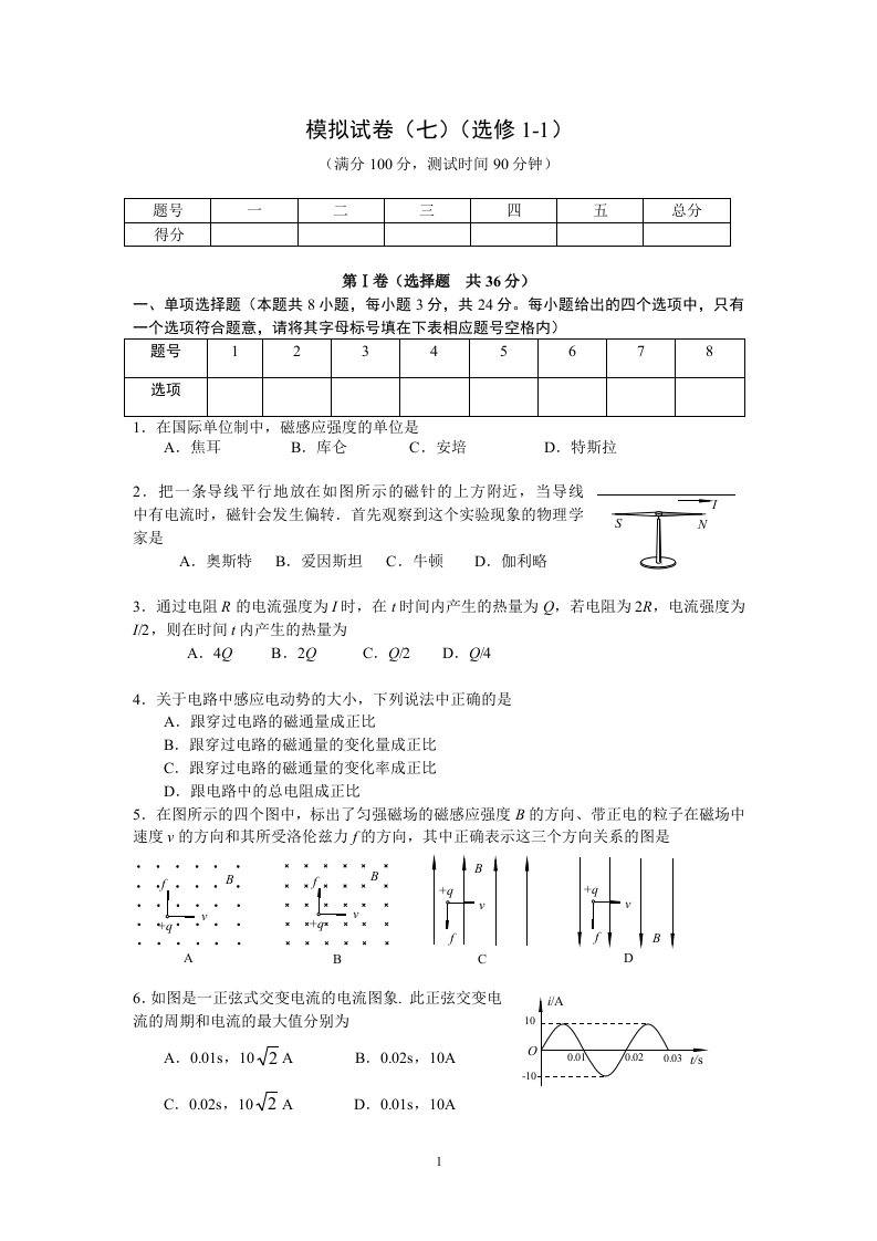 高中物理毕业会考模拟试卷(七)(选修1-1)