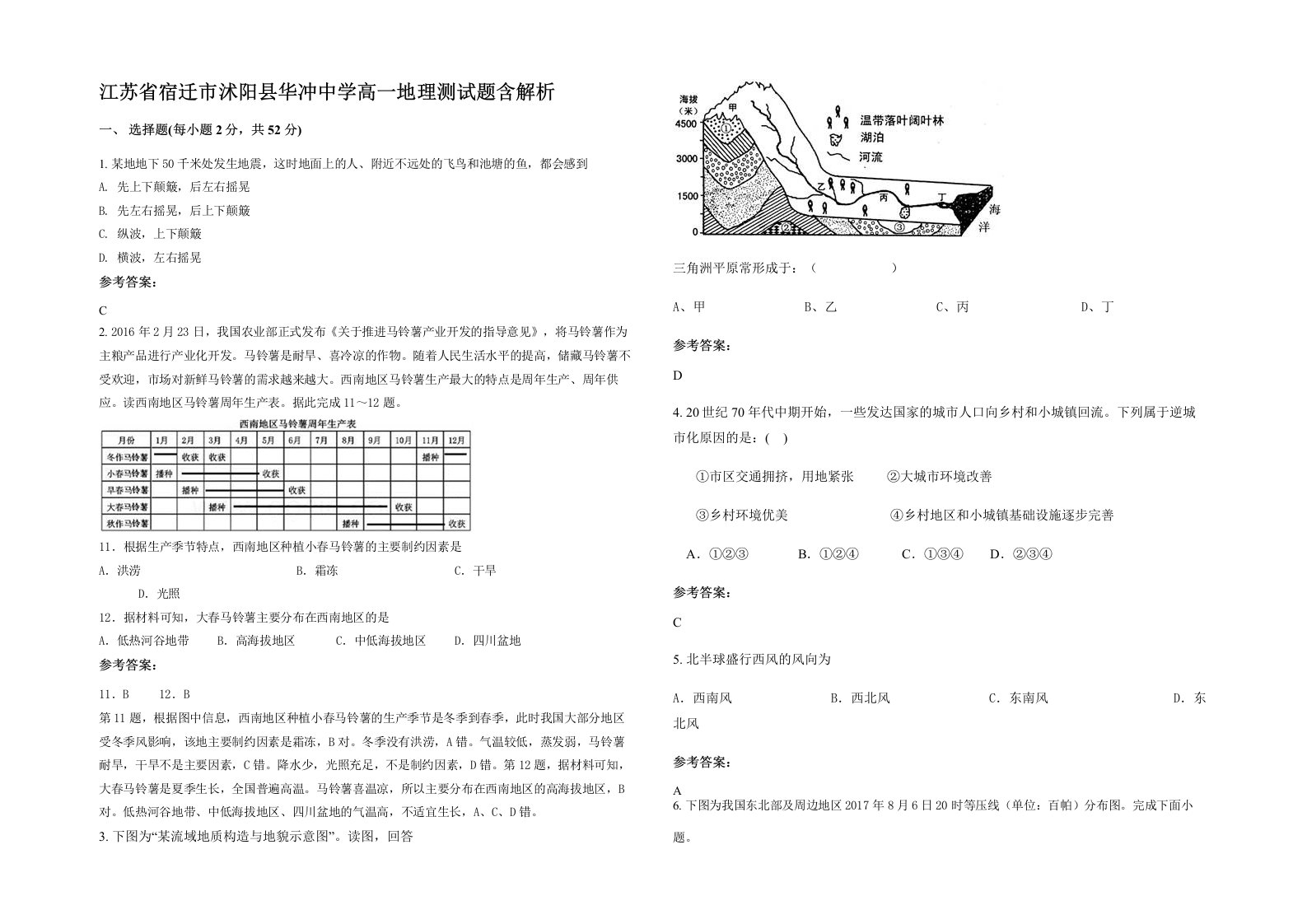 江苏省宿迁市沭阳县华冲中学高一地理测试题含解析