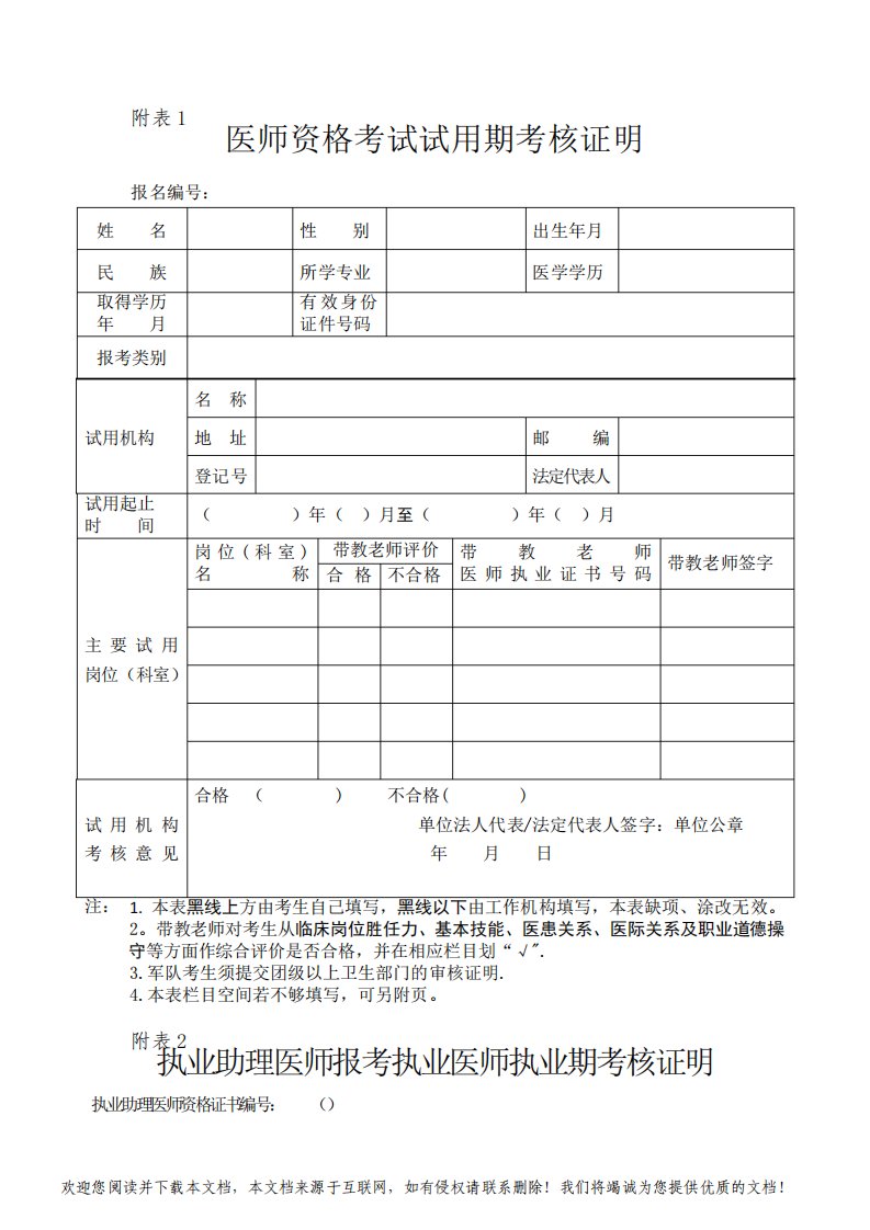 医师资格考试试用期考核证明(填写模板)