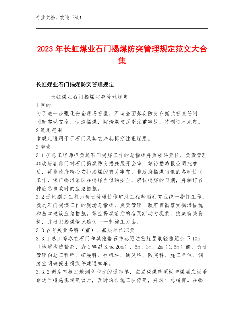 2023年长虹煤业石门揭煤防突管理规定范文大合集