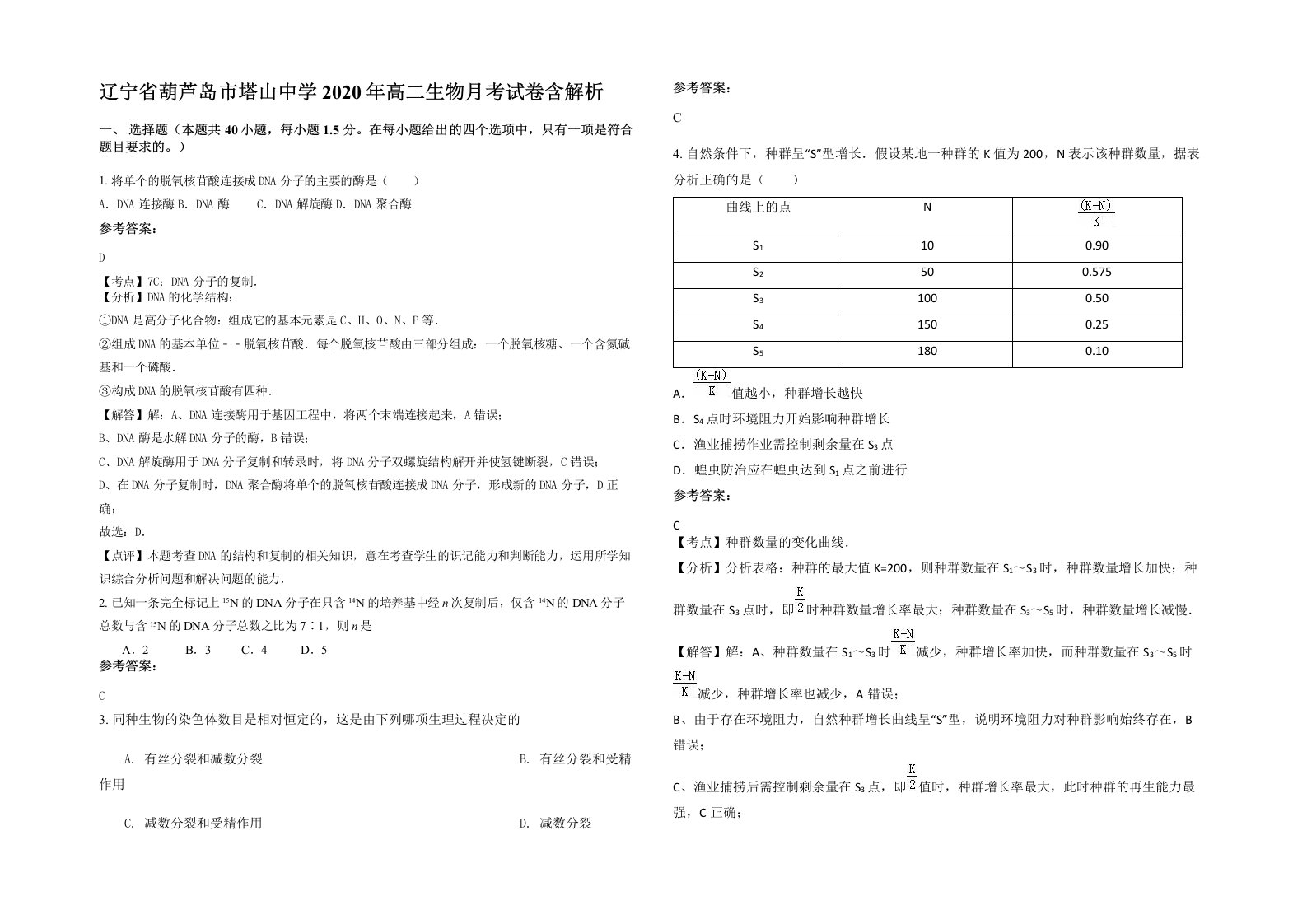 辽宁省葫芦岛市塔山中学2020年高二生物月考试卷含解析