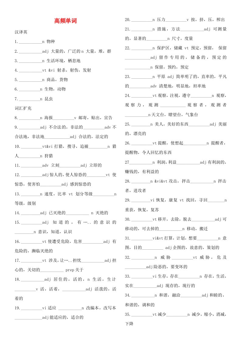 2023_2024学年高中英语Unit2WildlifeProtection单词变形练习无答案新人教版必修第二册