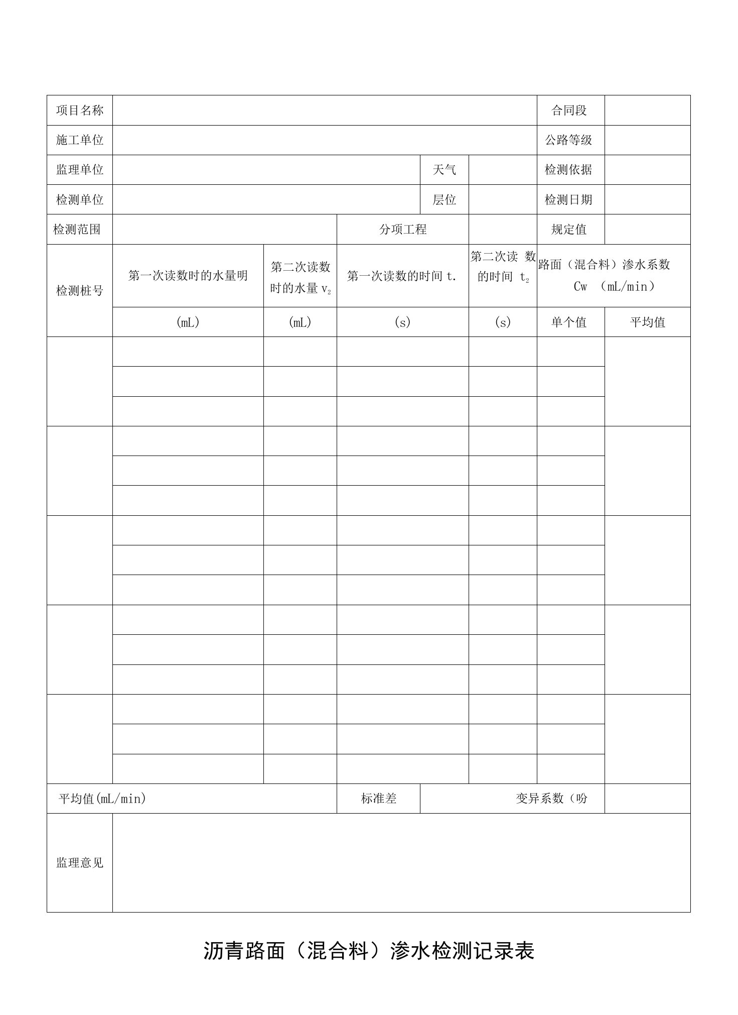 沥青路面（混合料）渗水检测记录表