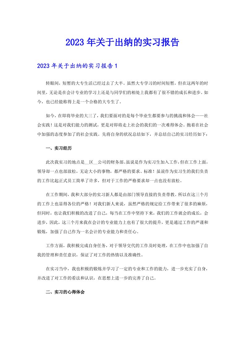 2023年关于出纳的实习报告