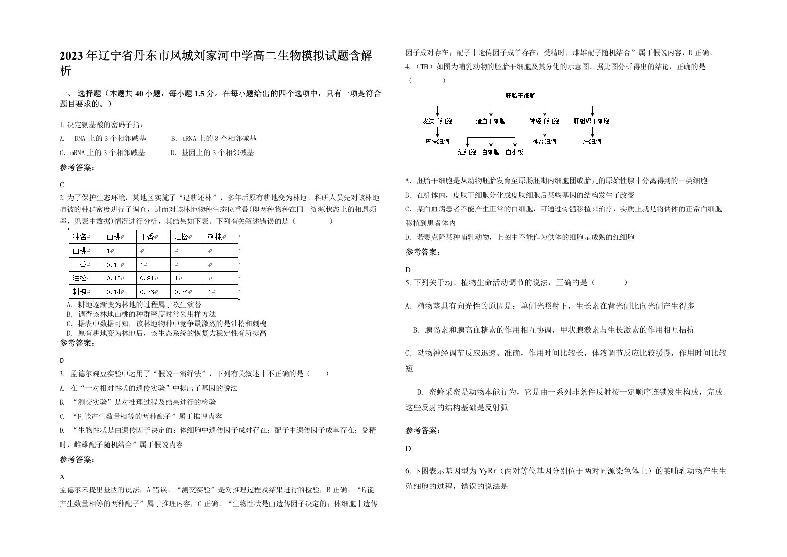 2023年辽宁省丹东市凤城刘家河中学高二生物模拟试题含解析