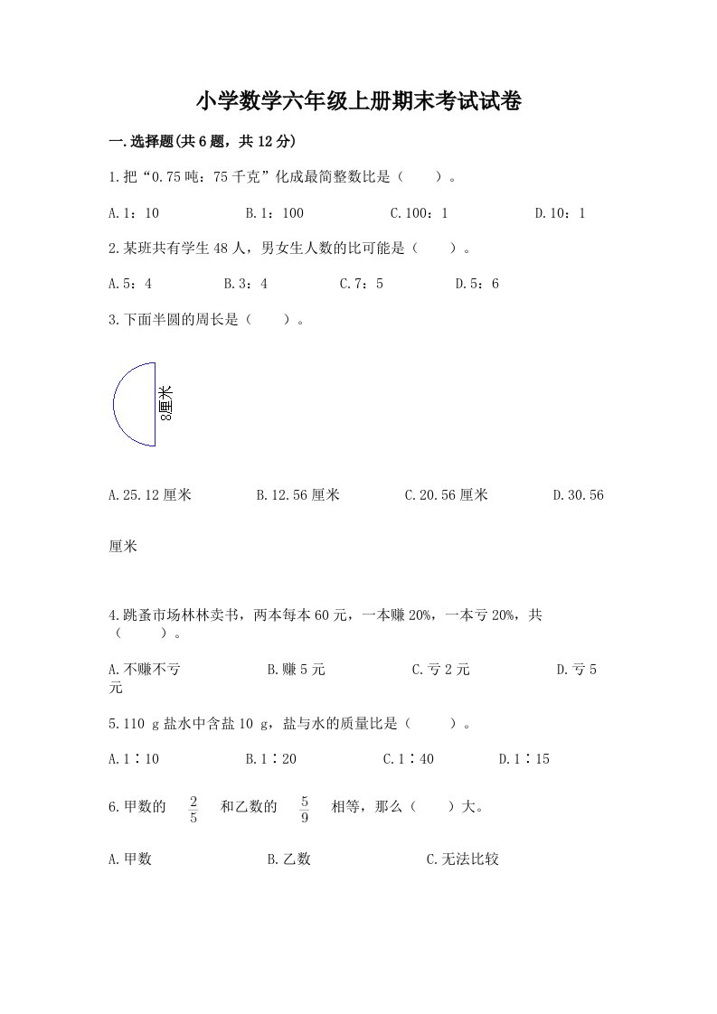 小学数学六年级上册期末考试试卷及完整答案【有一套】