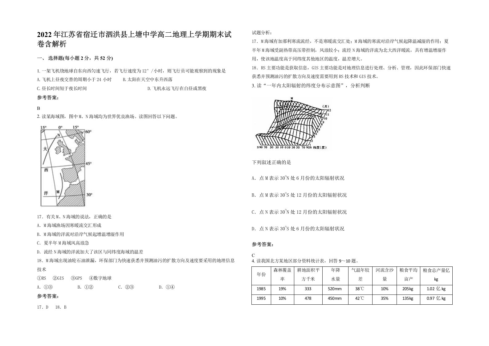 2022年江苏省宿迁市泗洪县上塘中学高二地理上学期期末试卷含解析