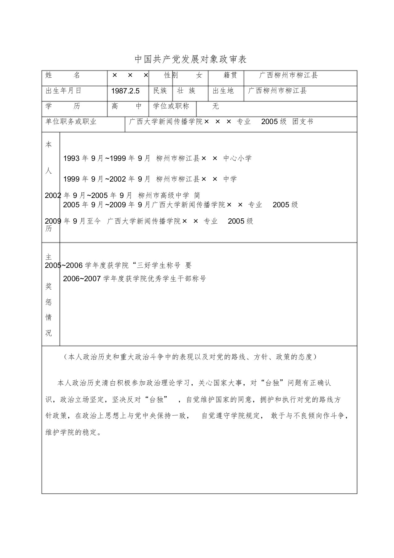 中国共产党发展对象政审表模版