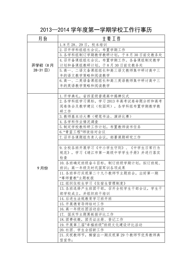 第一学期学校工作行事历