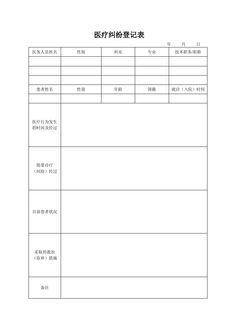 医疗纠纷登记表