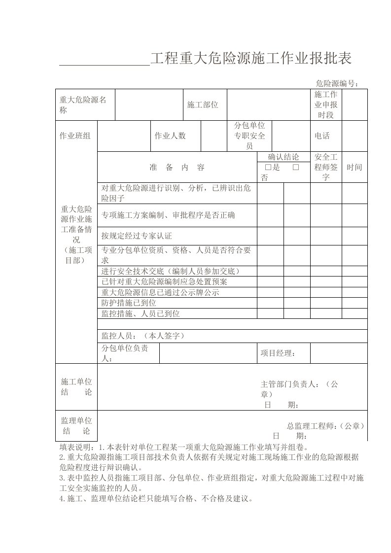 工程重大危险源施工作业报批表