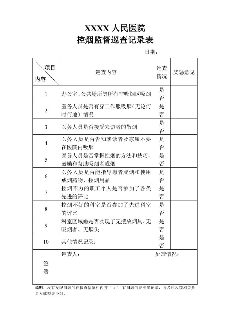 医院控烟监督巡查记录表单