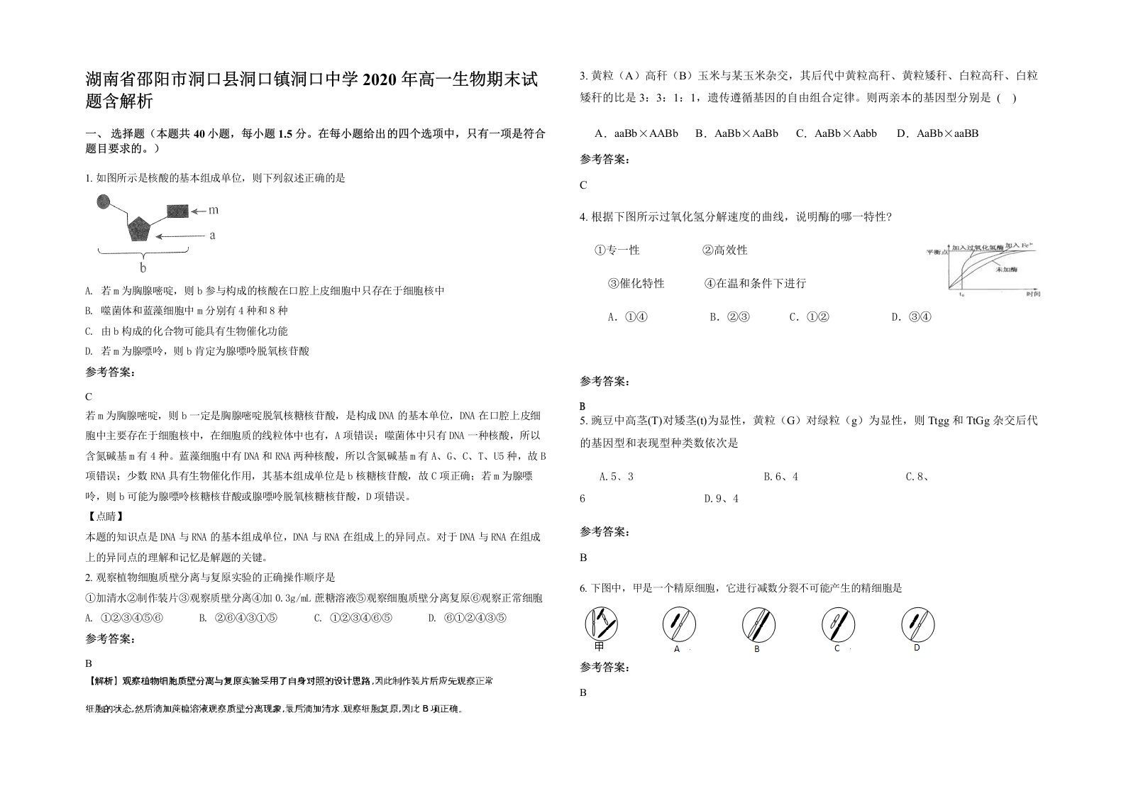 湖南省邵阳市洞口县洞口镇洞口中学2020年高一生物期末试题含解析