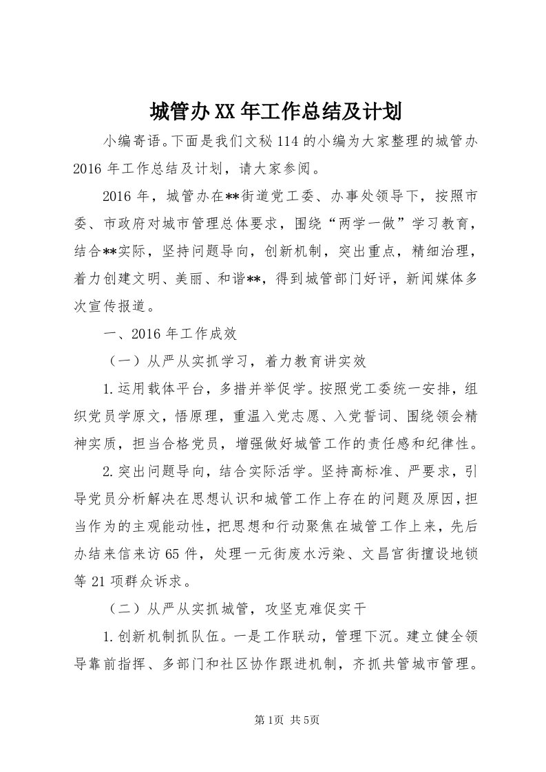 城管办某年工作总结及计划