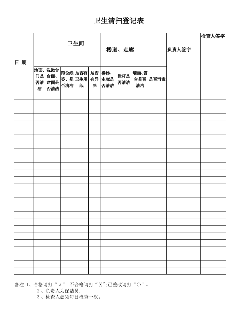 卫生清扫登记表