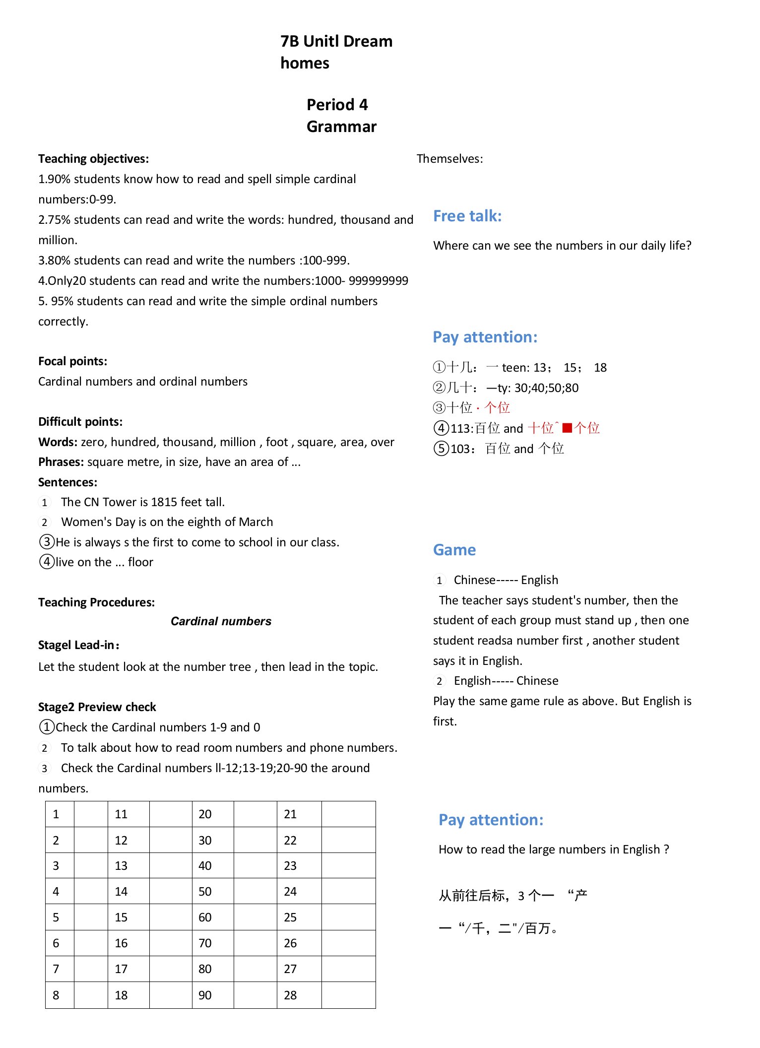 七年级下册初中英语《Grammar：Cardinal