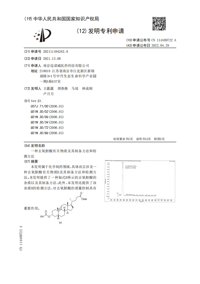 一种去氧胆酸有关物质及其制备方法和检测方法