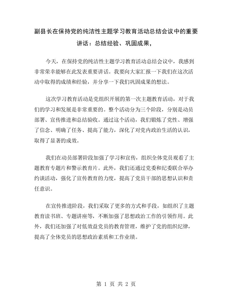 副县长在保持党的纯洁性主题学习教育活动总结会议中的重要讲话：总结经验、巩固成果