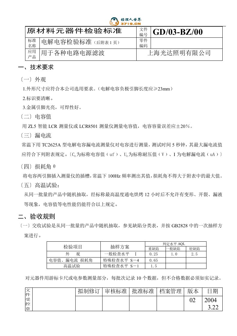 电解电容检验标准-光达照明公司(doc)-质量检验