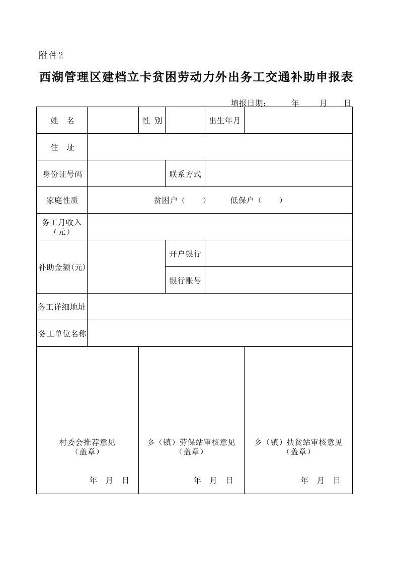 建档立卡贫困劳动力外出务工交通补助申报表