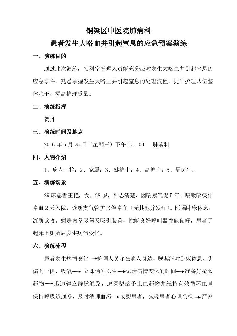 铜梁区中医院肺病科患者发生大咯血并引起窒息的应急预案演练