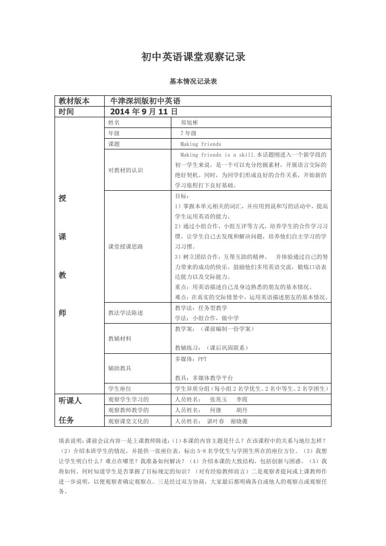 初中英语课堂观察量表4