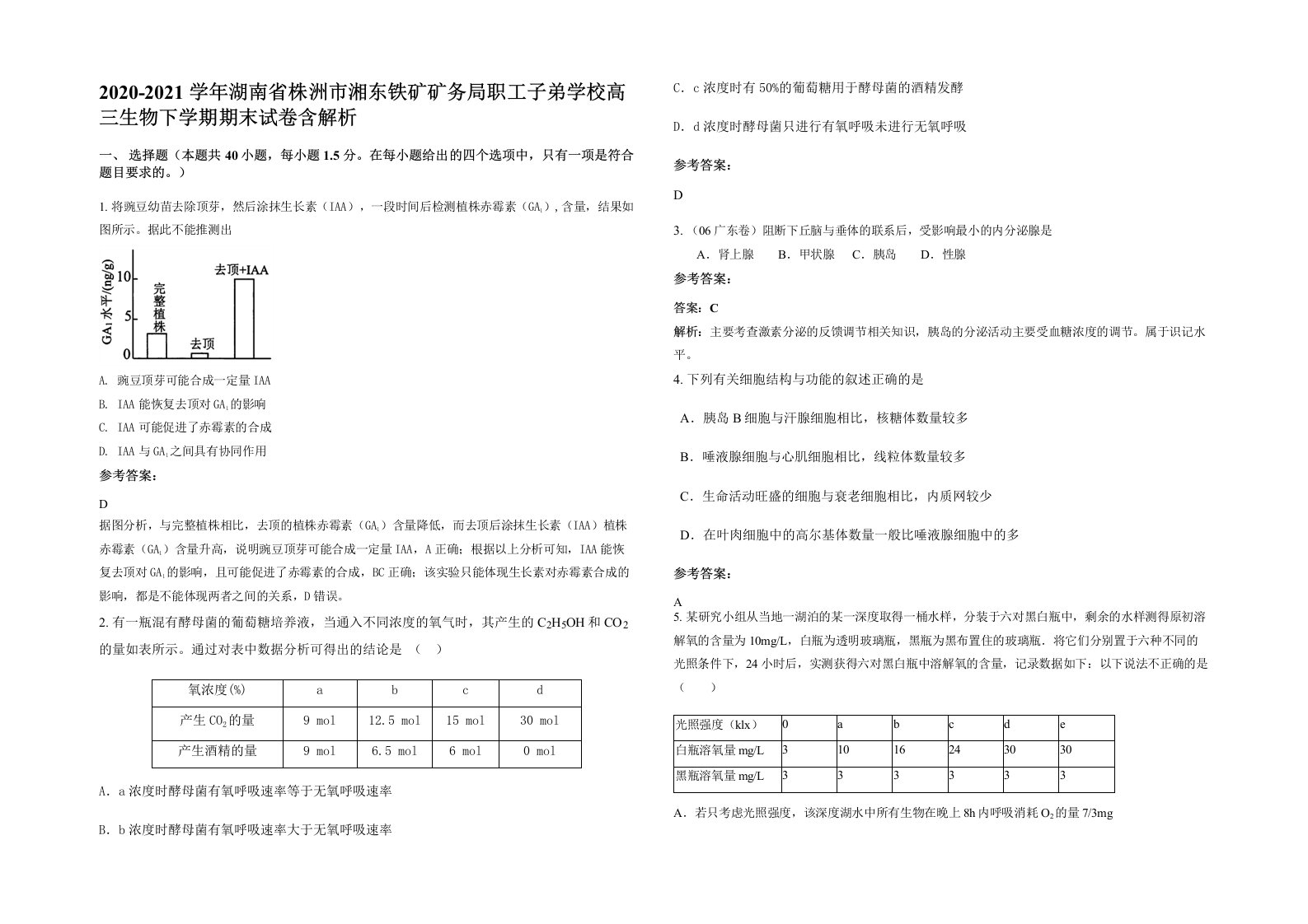 2020-2021学年湖南省株洲市湘东铁矿矿务局职工子弟学校高三生物下学期期末试卷含解析