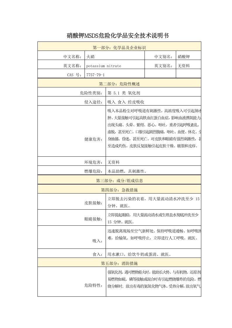 硝酸钾MSDS危险化学品安全技术说明书