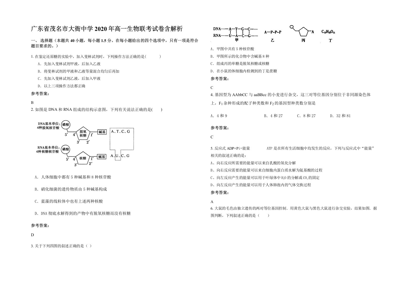 广东省茂名市大衙中学2020年高一生物联考试卷含解析