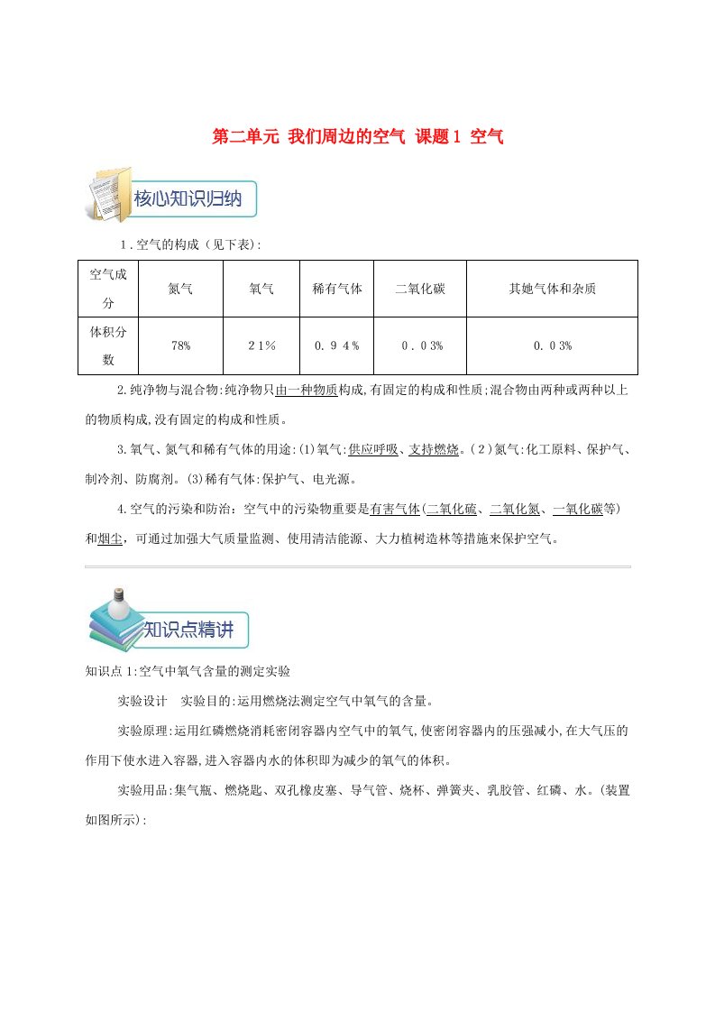 九年级化学上册第二单元我们周围的空气课题1空气备课资料教案(新版)新人教版