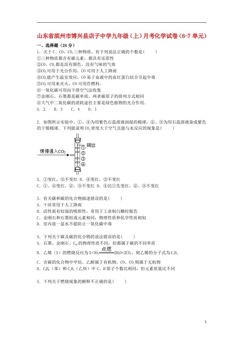 山东省滨州市博兴县店子中学九级化学上学期月考试题（第67单元）（含解析）