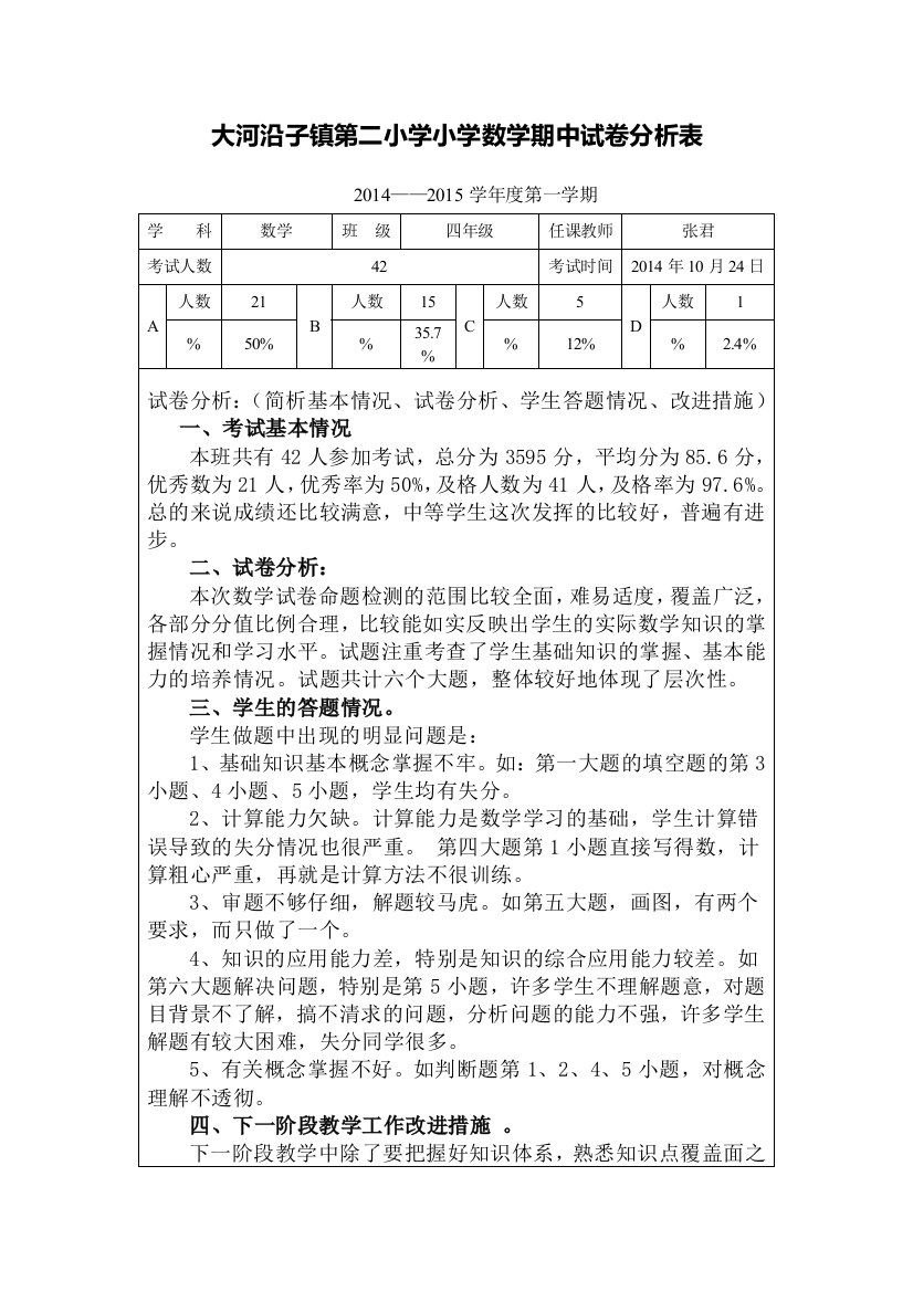 张君小学数学期中试卷分析表